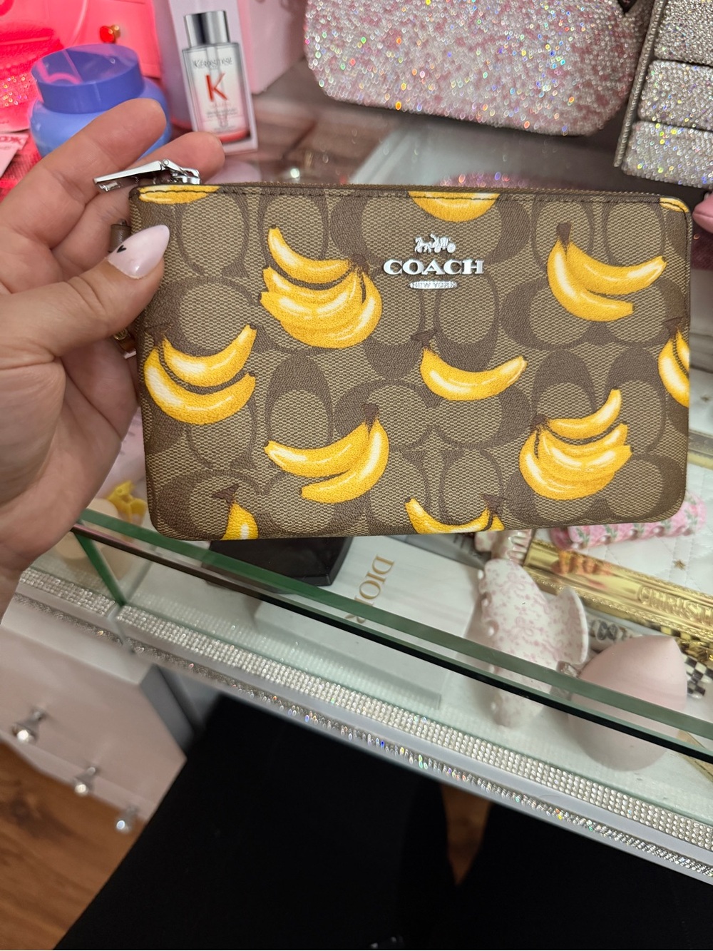 New.Coach Brown Signature Canvas Wristlet with Yellow Banana Print